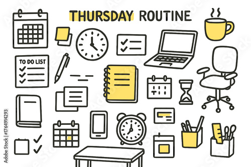 Thursday Productivity Essentials. Thursday routine. Hand-drawn doodle illustration calendar page (colored), clock (colored), coffee cup (colored), laptop