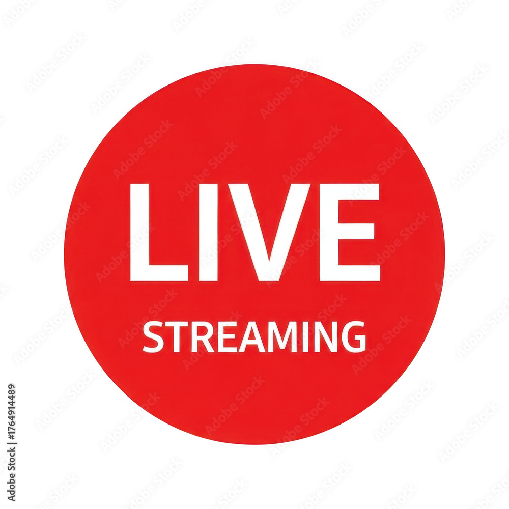 Red circle with white text live streaming isolated on transparent background. Red circle live streaming button icon