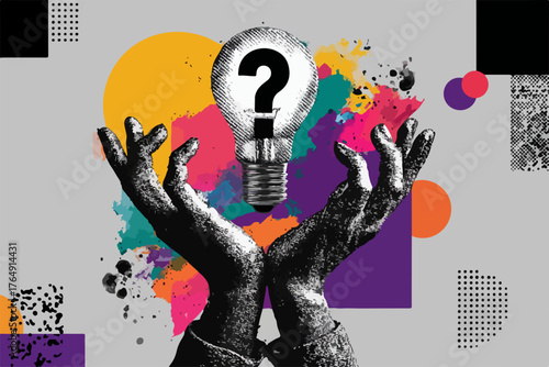 생동감 넘치는 추상적 배경 속에서 물음표 전구를 들고 있는 손들이 창의적인 해결책과 혁신적인 아이디어를 탐색하는 과정을 상징적으로 표현합니다.