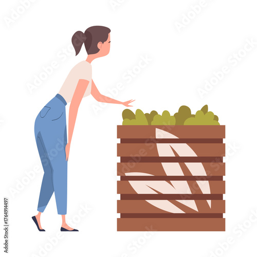 Woman Character in Eco Market Choose Vegetable Vector Illustration