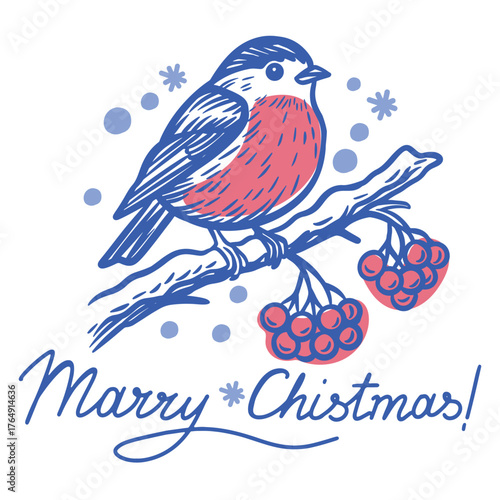 Cute Hand Drawn Christmas Bird Sitting On Rowan Branch With Red Berries And Snowflakes. Festive Holiday Greeting Illustration With “Merry Christmas” Text