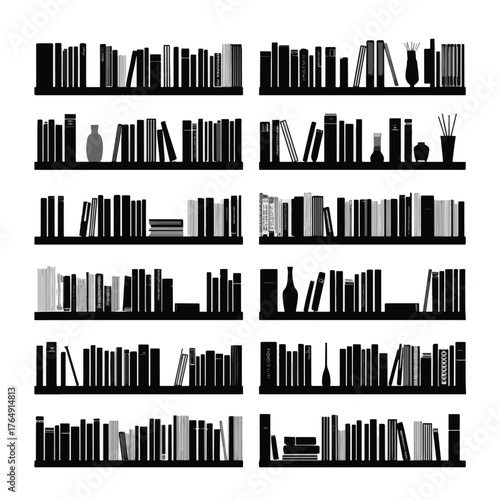 Diverse bookshelf silhouettes in black and white perfect for graphic design isolated on white background