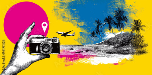 손에 들린 빈티지 카메라가 비행기와 야자수가 있는 환상적인 해변 풍경을 담아내며, 자유로운 여행의 꿈과 상상력을 다채로운 색감으로 표현한 예술적인 벡터 일러스트레이션입니다.