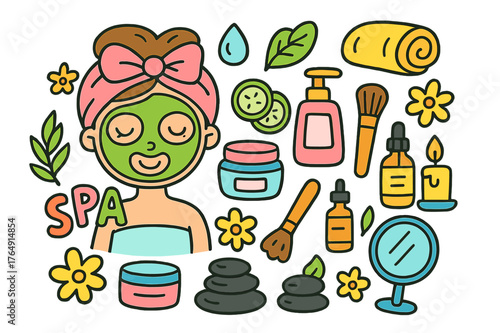 Colorful Spa Icons. spa treatment. Colorful Hand-drawn doodle Children illustration spa treatment face mask, cucumber slices, headband, towel, cream jar,