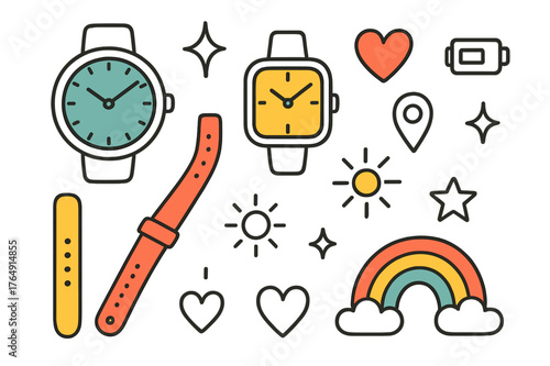 Doodle Watch Faces. Trendy Designs. Hand-drawn doodle illustration round watch face (colored), square watch face, strap (colored), sparkle, battery icon, heart