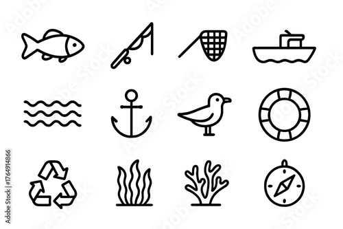Eco Fishing Icons. Eco-friendly fishing. Line icon set of eco-friendly fishing: fish, fishing rod, net, boat, water waves, anchor, seagull, life