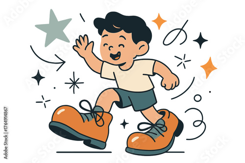 Whimsical Clown Adventure. Clown shoes. Child trying on oversized clown shoes with abstract floating stars, lines, and sparkles; emphasizes whimsy, fun, and