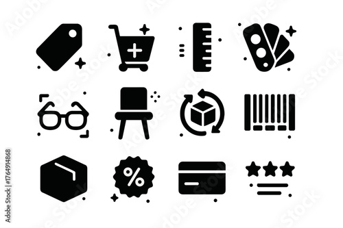 Augmented Reality Icons. augmented reality shopping and retail. Solid icons set of augmented reality shopping and retail: price tag, add to cart, size ruler,