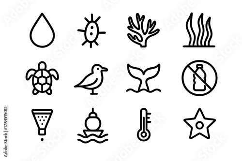 Ocean Health Icons. Ocean Health. Line icon set of Ocean Health: clean water droplet, plankton icon, coral branch, seagrass bed, sea turtle, seabird, whale