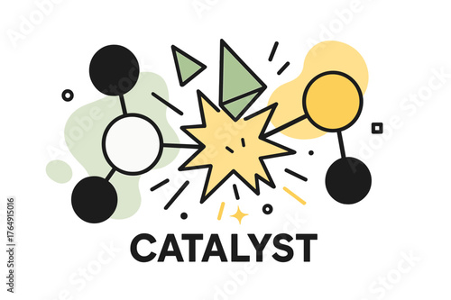 Dynamic Molecular Transformation. Catalyst. Molecules colliding with floating abstract geometric shapes and energy sparks, vibrant and scientific