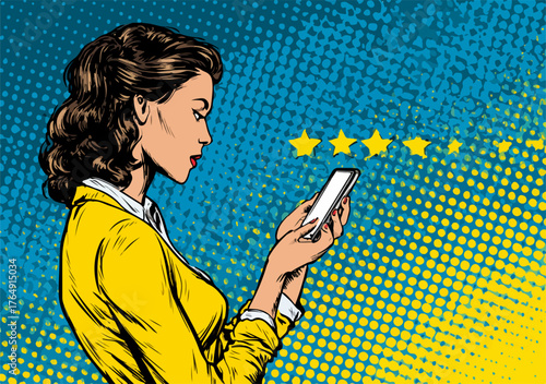 레트로 팝아트 스타일의 여성이 스마트폰 앱을 통해 온라인 서비스나 제품에 만족스러운 별점 다섯 개를 부여하며 긍정적인 피드백을 제공하는 벡터 일러스트레이션.