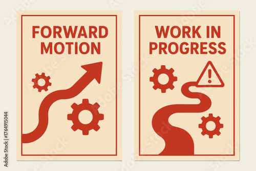 Forward Motion Banners. Forward motion. Two vertical A6 banners with safe margins, centered composition, no elements touching edges, flat vector design, red