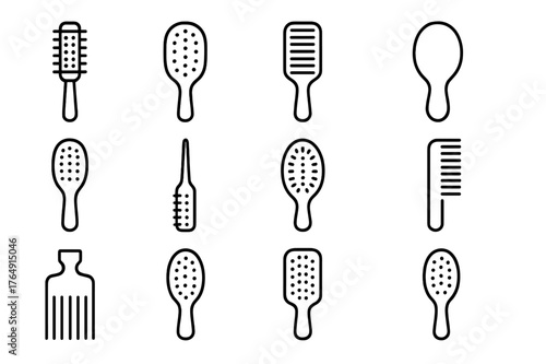 Hair Brush Icons. Hair brushes. Line icon set of hair brushes: round brush, paddle brush, vent brush, detangling brush, styling brush, teasing brush, boar
