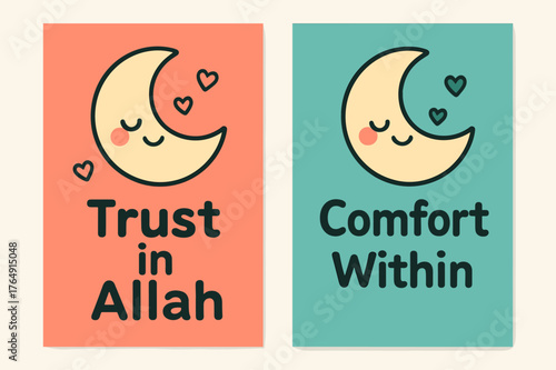 Tawakkul Peace Banners. Tawakkul Peace. Two vertical A6 banners with safe margins, centered composition, no elements touching edges, kawaii, coral and teal,