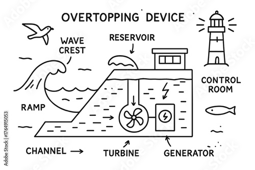 Overtopping Device Doodle. Overtopping device. Hand-drawn doodle illustration overtopping device ramp, reservoir, wave crest, turbine, generator, channel,