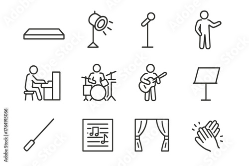 Musical Icon Rehearsal Scene. A Musical Theater Cast Rehearsing a Song in Front of a Live Band. Line icon set of A Musical Theater Cast Rehearsing a Song in