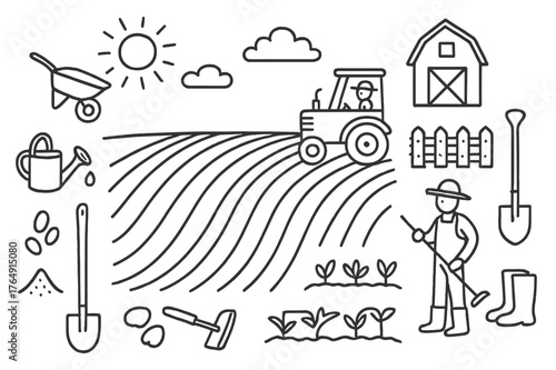 Farm Icons Doodle. Furrow. Hand-drawn doodle illustration Furrow plowed field, tractor, farmer, soil ridges, crops, shovel, hoe, seeds, sun, clouds, watering