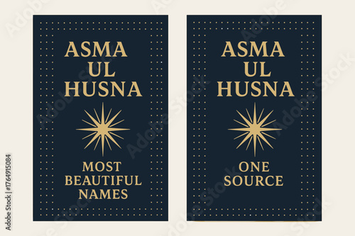 Asma Ul Husna Banners. Asma ul Husna. Two vertical A6 banners with safe margins, centered composition, no elements touching edges, bold, navy and gold, dotted