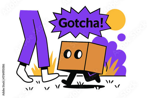 Backyard Box Surprise. Backyard Box Ambush. A cardboard box with eyeholes shuffles across the grass; the seeker?s socked feet freeze mid-step. ?Gotcha!? pops