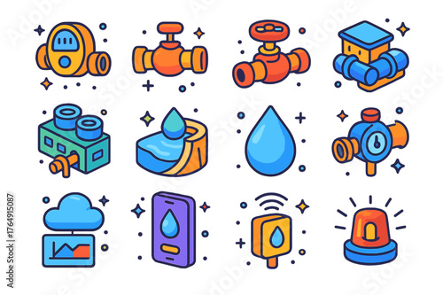 Urban Water System Icons. Urban water systems. Colorful isometric vector icons set of urban water systems: smart meter, pipeline, valve, pump
