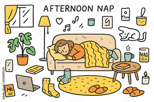 Cozy Afternoon Illustration. Afternoon nap. Hand-drawn doodle illustration woman (colored), sofa (colored), blanket (colored), pillow (colored), coffee table,