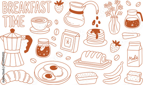 Handdrawn line art shows breakfast items like coffee, eggs, pancakes and pastries on white