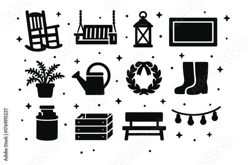 Farmhouse Porch Icons. Farmhouse Porch. Solid icons set of Farmhouse Porch: rocking chair, porch swing, lantern, welcome mat, potted fern, watering can,
