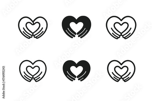 Heart Cradle Logos. New parent life. Set Logo of New parent life: hands forming heart cradle. harmonious logo variations of the same emblematic concept, each