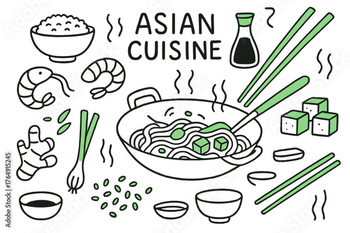 Asian Cuisine Doodle. // Asian cuisine. Hand-drawn doodle illustration Asian cuisine [wok pan (accented), chopsticks (accented), rice bowl, soy sauce bottle