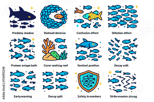 Predator-Prey Icons Set. Predator?prey dynamics in schools. Colorful isometric vector icons set of Predator?prey dynamics in schools: predator shadow, bait