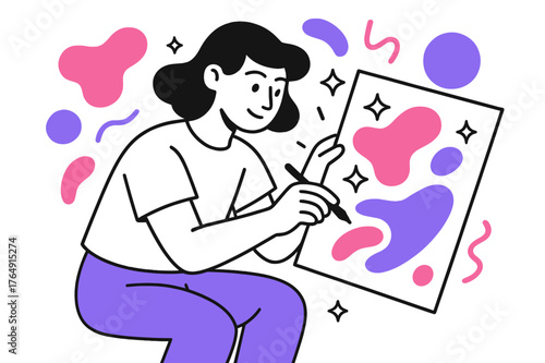 Abstract Artistic Creation. Drawing. Artist adding final touches to a colorful illustration, floating abstract shapes and light accents, calm and satisfying