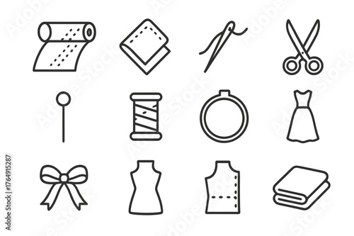 Sheer Fabric Icons. Sheer fabric. Line icon set of sheer fabric: organza roll, fabric fold, sewing needle, thread, scissors, pin, spool of thread, embroidery