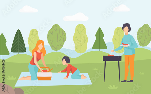 Man and Woman at Nature Enjoy Outdoor Activity Have Picnic Vector Illustration