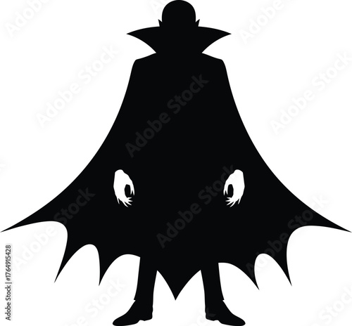 Silhouette shows cloaked mysterious figure with pale hands and pointy cape standing tall