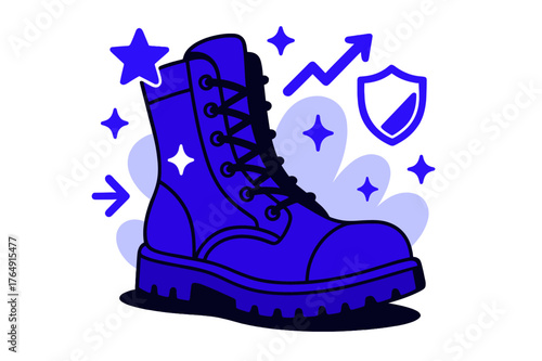 Dynamic Military Boots. Boot. Military boots with abstract floating icons, arrows, and sparkles; conveys toughness, durability, and readiness. Modern flat