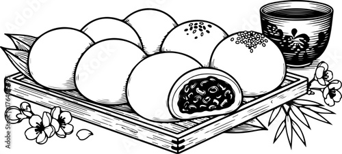 A black and white line drawing of Japanese mochi with red bean paste, served on a wooden tray with tea and blossoms.