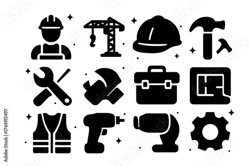 Construction Icons Grid. Construction Crew. Solid icons set of Construction Crew: construction worker, crane, hard hat, hammer, wrench, gloves, toolbox,