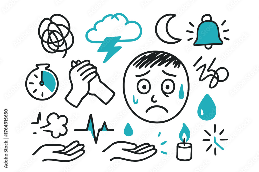 Naklejka premium Anxiety Doodle Symbols. // Anxiety & stress. Hand-drawn doodle illustration Anxiety & stress [worried face (accented), clasped hands (accented), storm cloud
