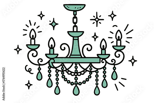Modern Chandelier Doodle. // Modern chandelier. Hand-drawn doodle illustration Modern chandelier [chandelier frame (accented), hanging crystals (accented),