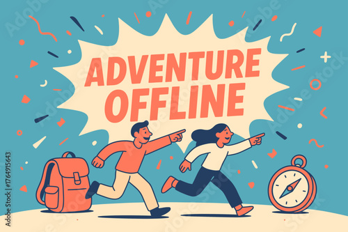 Adventure Awaits Banner. Adventure offline banner, flat vector illustration, bold oversized text inside splash explosion, cartoon characters running and