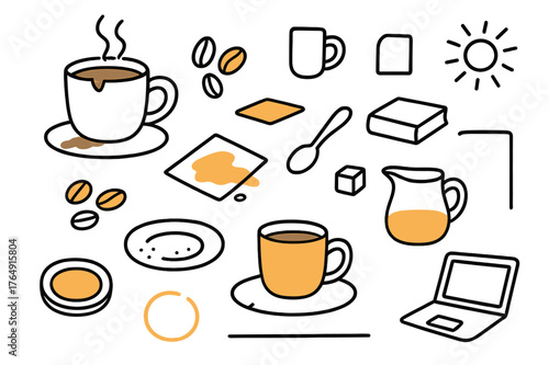 Chipped Mug Still Life. Chipped coffee mug. Hand-drawn doodle illustration coffee mug (colored), chip on rim (colored), coffee steam (colored), handle, saucer