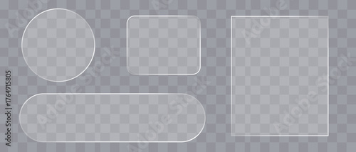 Transparent glass frame shapes set including circle, square, rectangle, and rounded forms in minimal vector design
