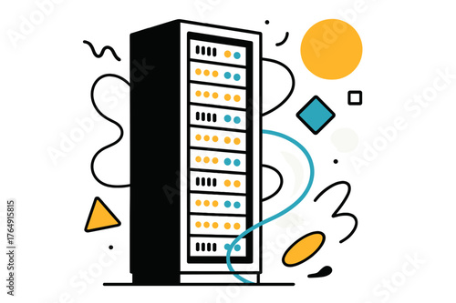 High-Tech Server Rack. Server Rack. Tall server rack with glowing lights and floating abstract geometric shapes, modern and high-tech scene. Modern flat-line