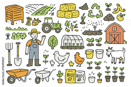 Sustainable Farm Practices. Agriculture recycling. Hand-drawn doodle illustration compost bin (colored), farm field (colored), crop residues (colored), tractor