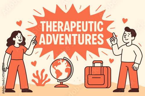 Therapeutic Travel Adventure. Therapeutic adventures banner, flat vector illustration, bold oversized text inside splash explosion, cartoon characters standing