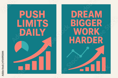 Motivational Banners. Push limits daily. Two vertical A6 banners with safe margins, centered composition, no elements touching edges, modern, turquoise and