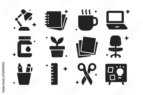 Creative Workspace Icons. Creative Workspace. Solid icons set of Creative Workspace: desk lamp, sketchbook stack, coffee mug, laptop, paint jar, potted plant,