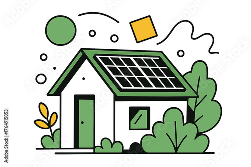 Eco-Friendly Rooftop Design. Solar Panels on Roof. Home rooftop with solar panels and surrounding greenery with floating abstract geometric shapes, modern and