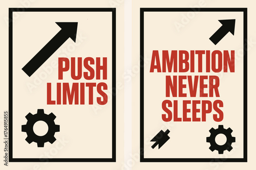 Brutalist Banner Design. Push limits. Two vertical A6 banners with safe margins, centered composition, no elements touching edges, brutalist, black and red,