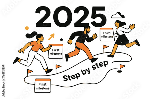 Journey Vision. Vision Board ? Year Overview. Big ?? headline anchors a clean timeline; milestone cards pin along with tiny flags. Caption ?Step by step?